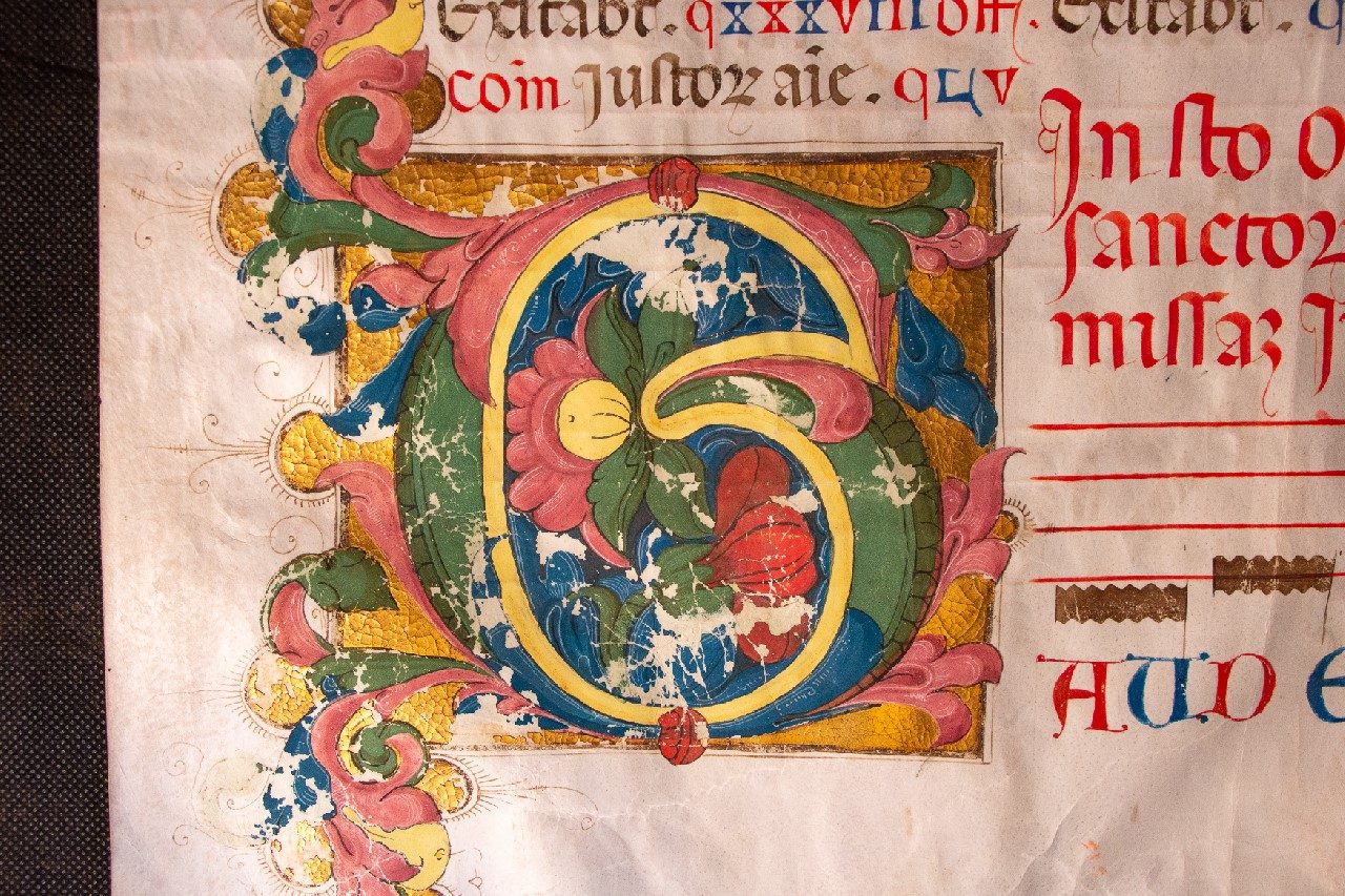 Illuminated inital 1500 huge leaf on vellum, from Siena or Florence.