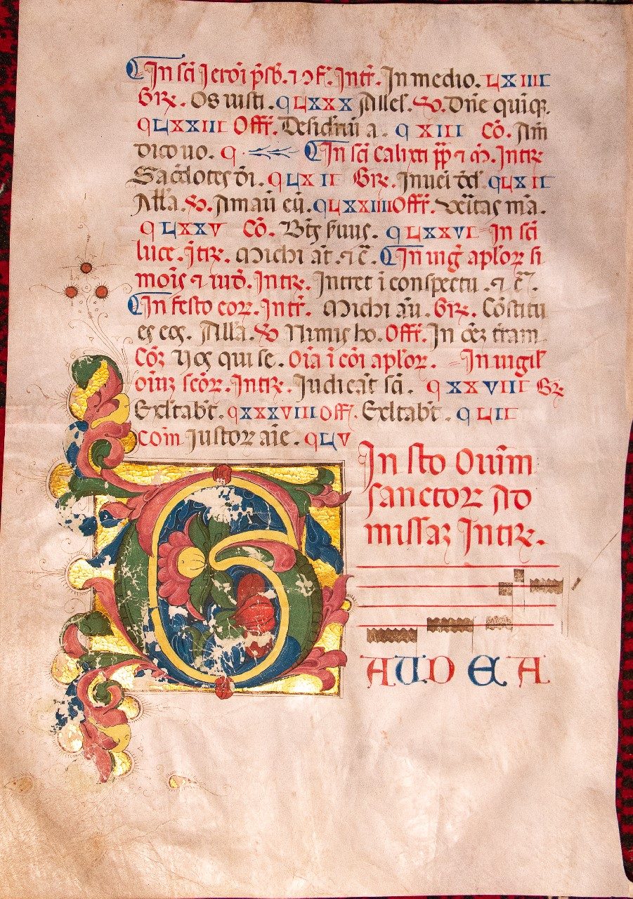 Illuminated inital 1500 huge leaf on vellum, from Siena or Florence.
