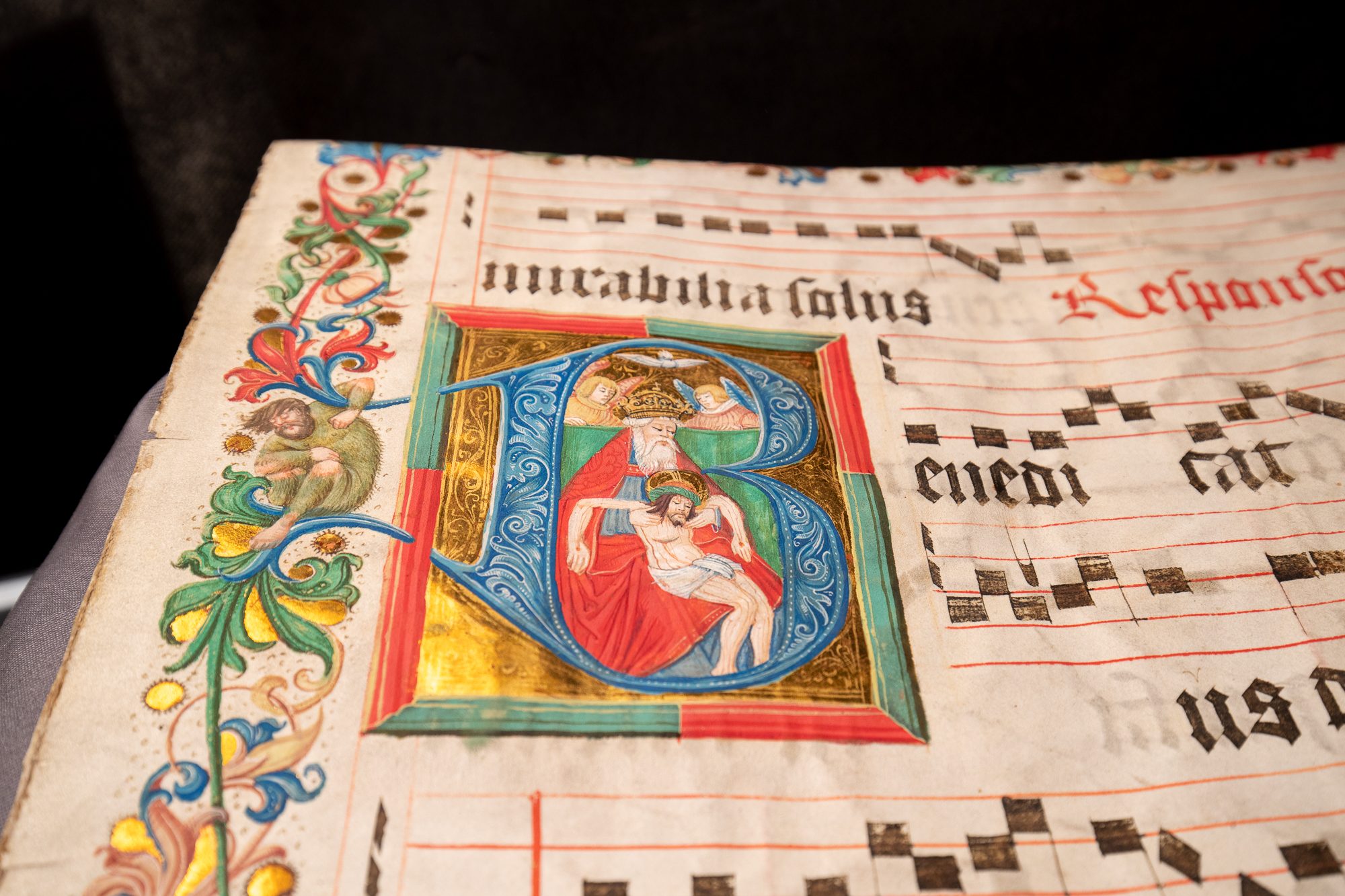 The Trinity, by Nikolaus Bertschi the Elder or his workshop, on a leaf from a large Antiphonary in Latin [Germany (Augsburg), 16th century (c.1520–30)]