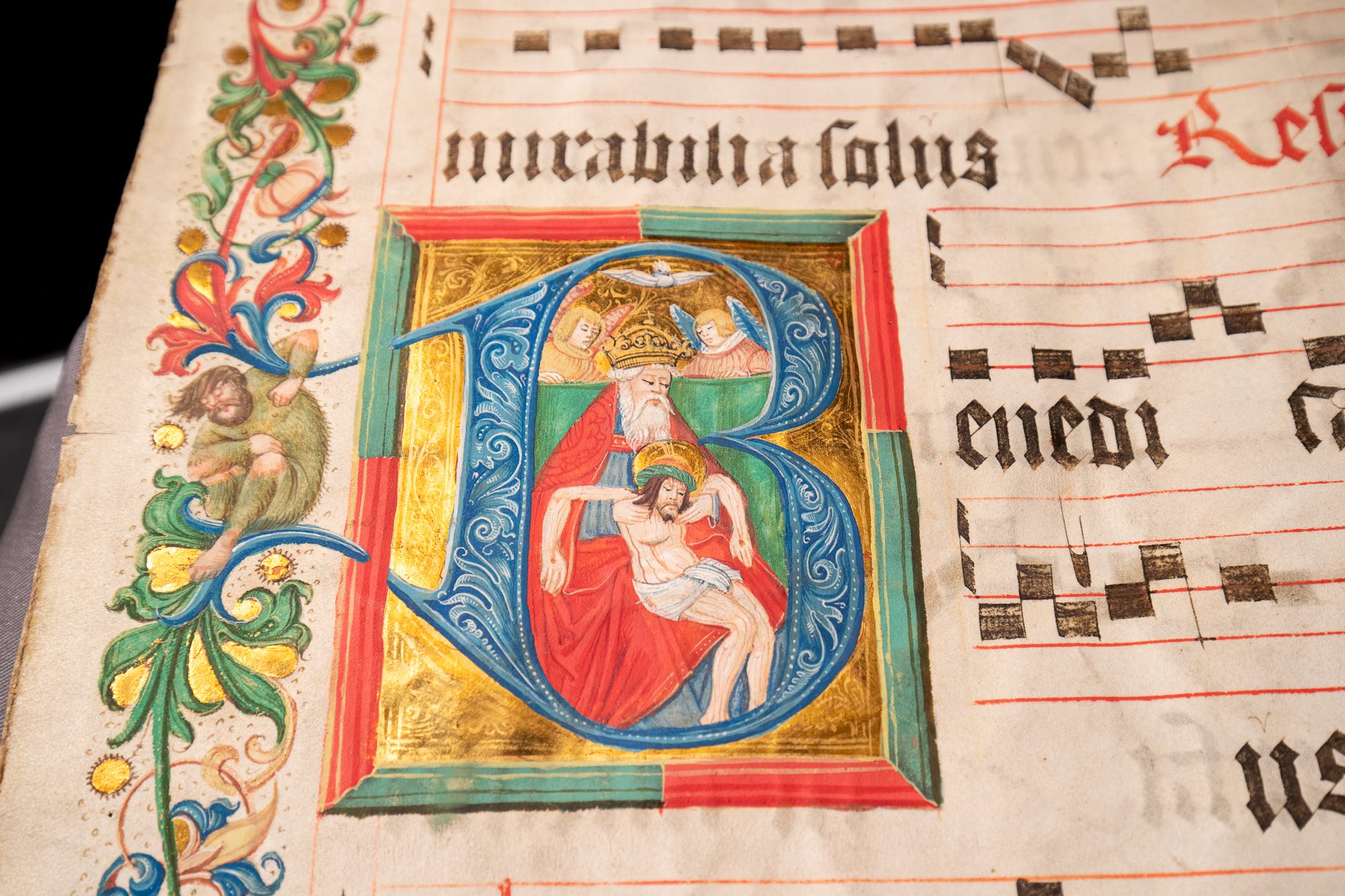 The Trinity, by Nikolaus Bertschi the Elder or his workshop, on a leaf from a large Antiphonary in Latin [Germany (Augsburg), 16th century (c.1520–30)]