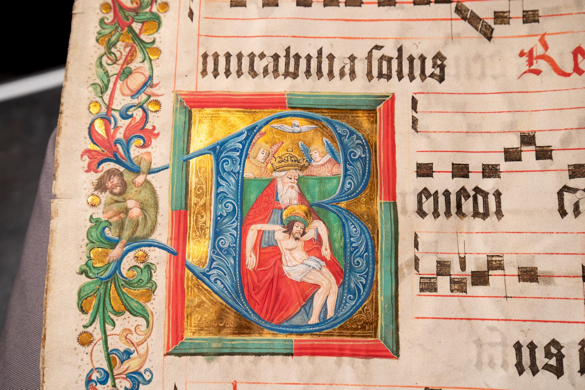 The Trinity, by Nikolaus Bertschi the Elder or his workshop, on a leaf from a large Antiphonary in Latin [Germany (Augsburg), 16th century (c.1520–30)]