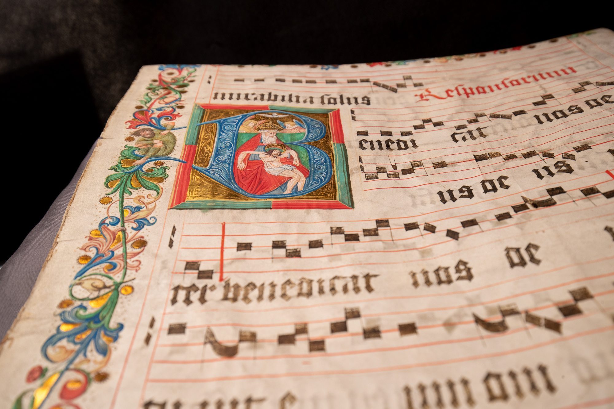 The Trinity, by Nikolaus Bertschi the Elder or his workshop, on a leaf from a large Antiphonary in Latin [Germany (Augsburg), 16th century (c.1520–30)]