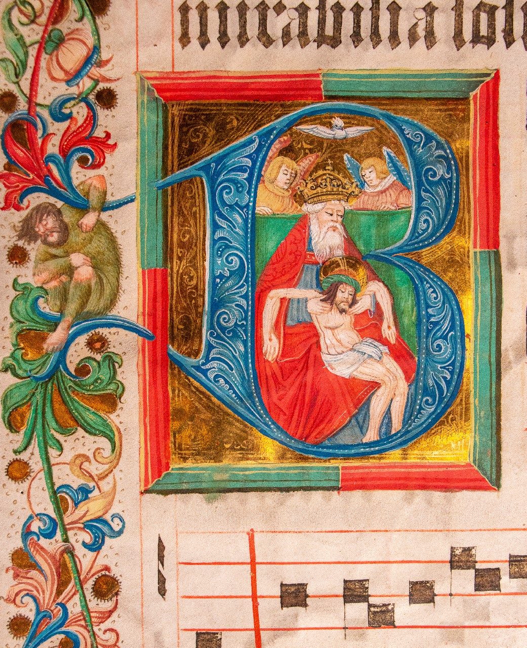 The Trinity, by Nikolaus Bertschi the Elder or his workshop, on a leaf from a large Antiphonary in Latin [Germany (Augsburg), 16th century (c.1520–30)]