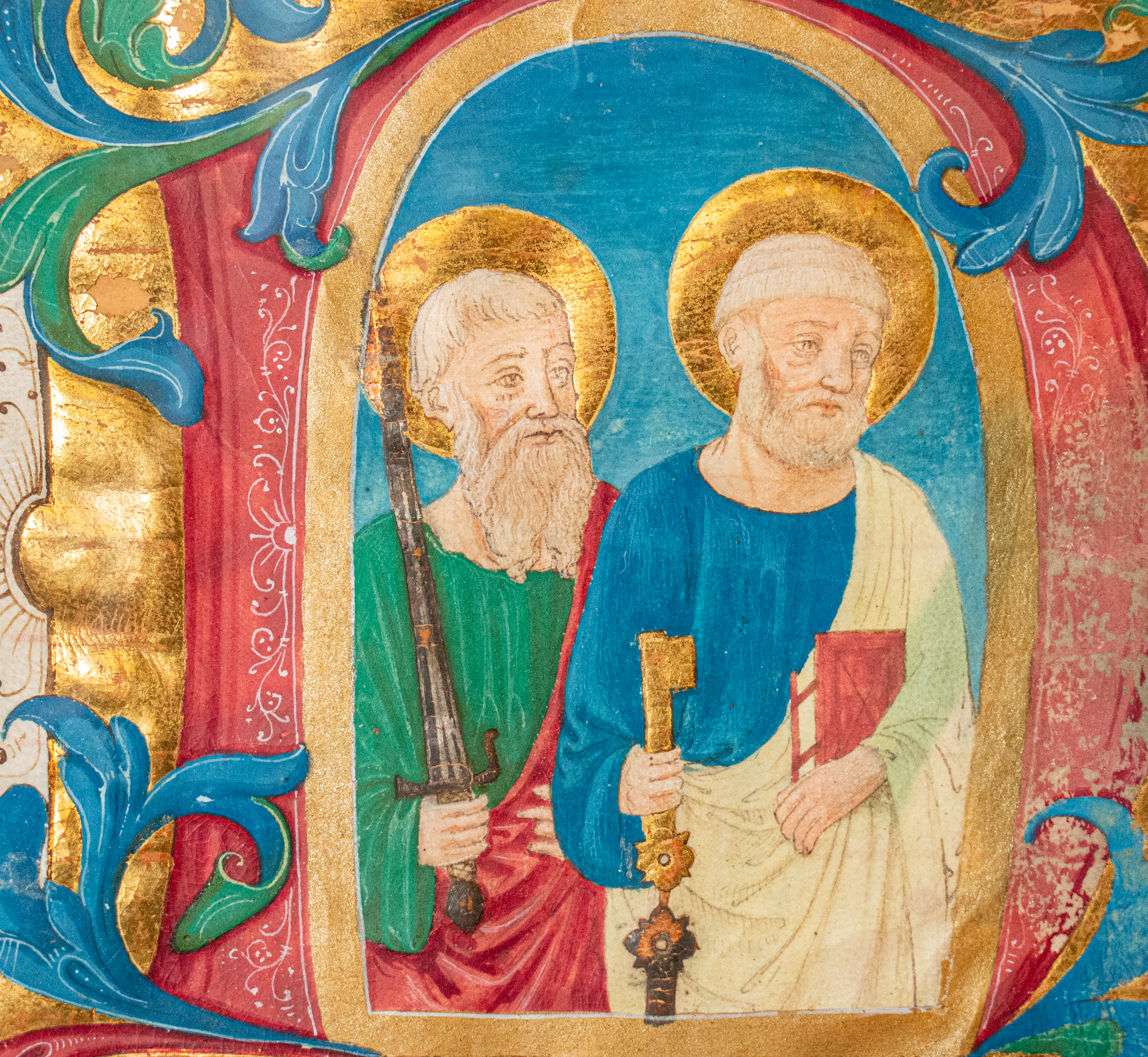 Saints Peter and Paul, in an illuminated historiated initial ‘N’, cut from a Gradual in Latin on parchment [Italy (Florence); 15th century (c.1470s)]