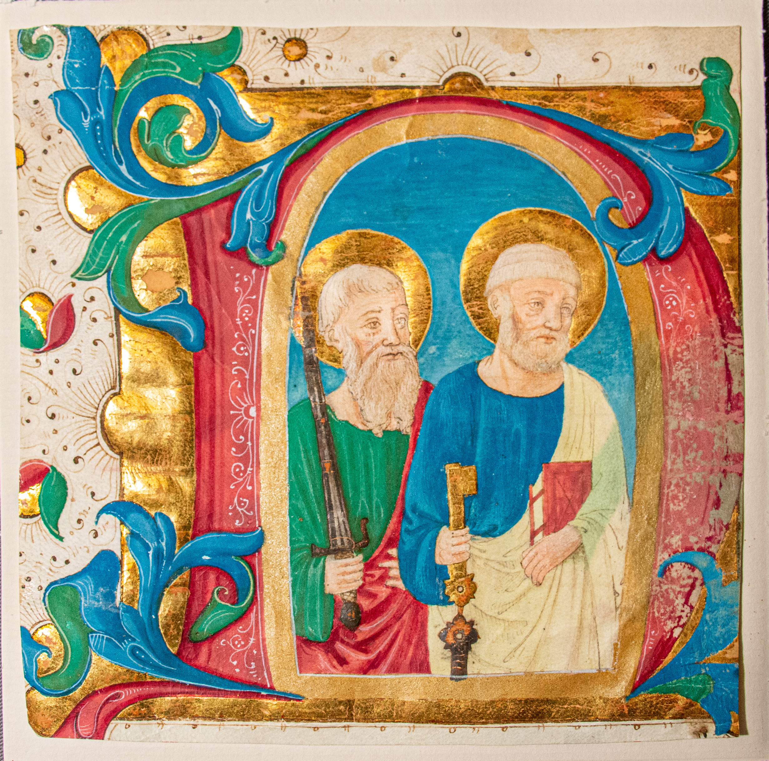 Saints Peter and Paul, in an illuminated historiated initial ‘N’, cut from a Gradual in Latin on parchment [Italy (Florence); 15th century (c.1470s)]