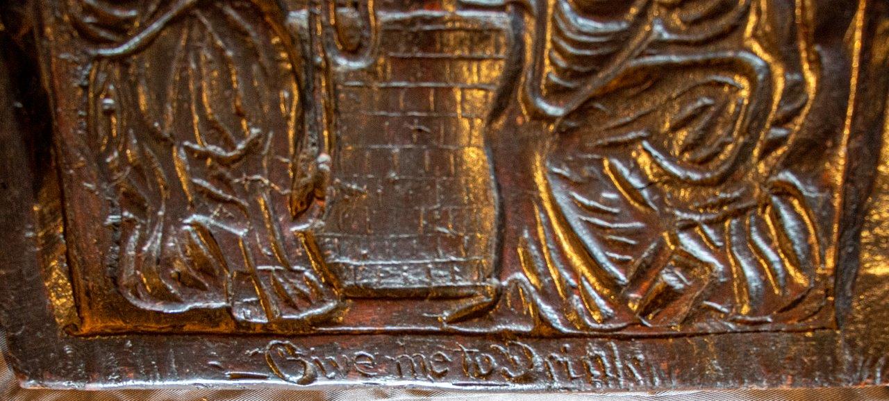 ‘Give me to drink’ C17th Oak panel of Rebecca and Eliezer at the well