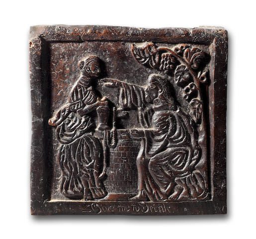 ‘Give me to drink’ C17th Oak panel of Rebecca and Eliezer at the well