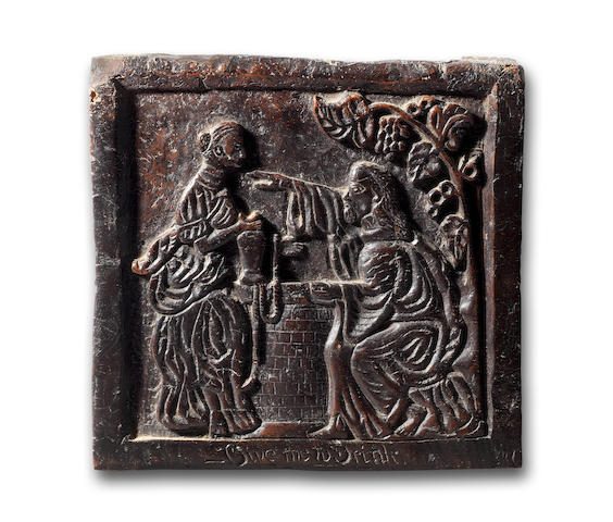 ‘Give me to drink’ C17th Oak panel of Rebecca and Eliezer at the well