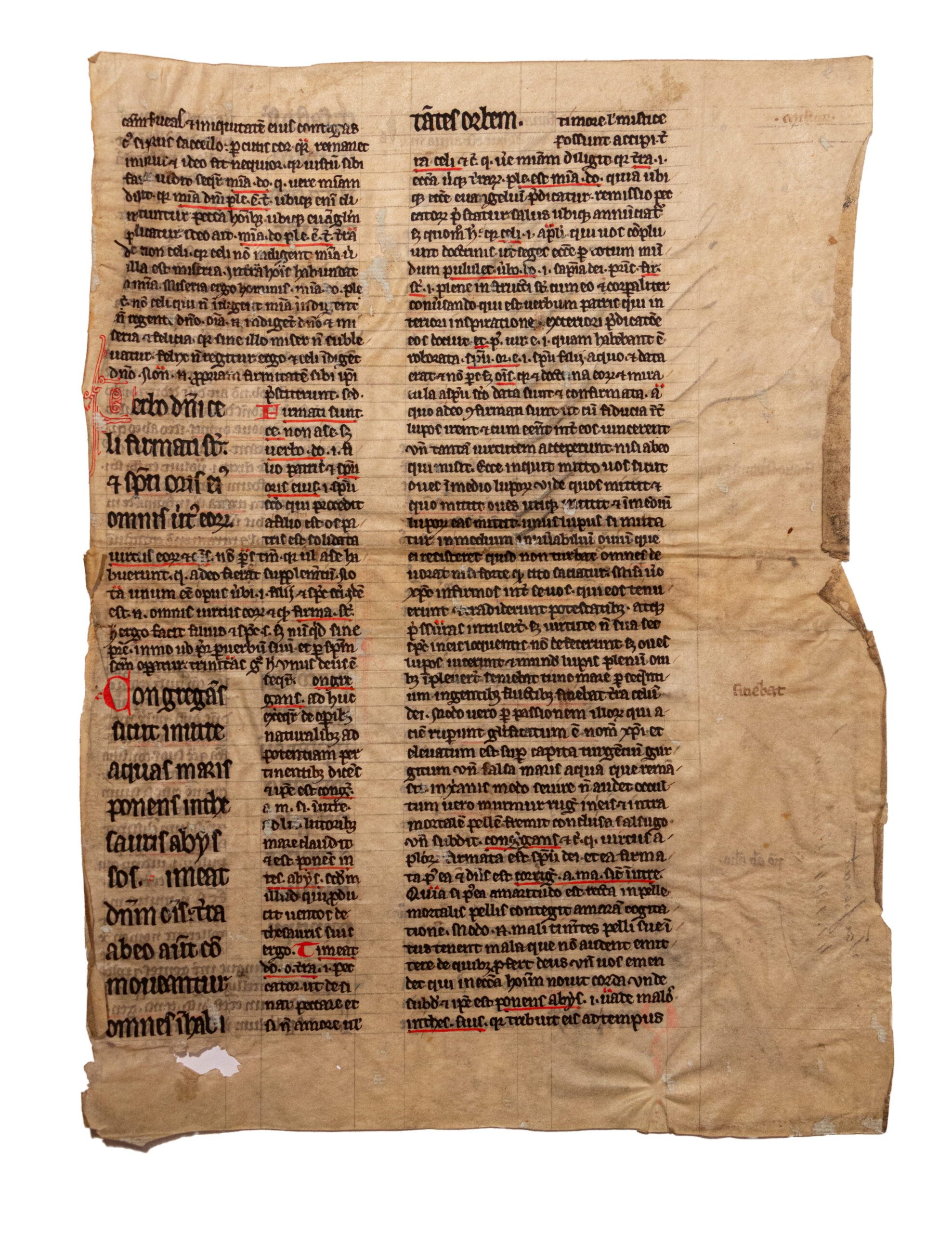 Glossed Bible leaf reused as a binding in French archive. France (doubtless Paris), 13th century.