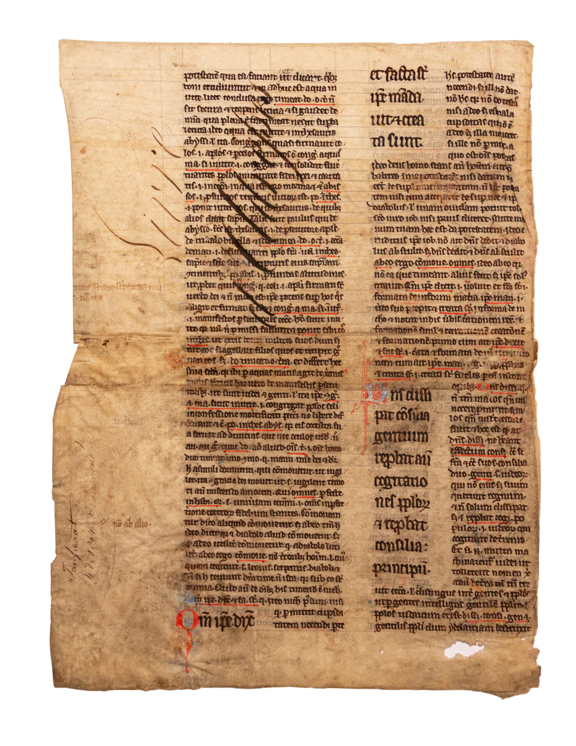 Glossed Bible leaf reused as a binding in French archive. France (doubtless Paris), 13th century.