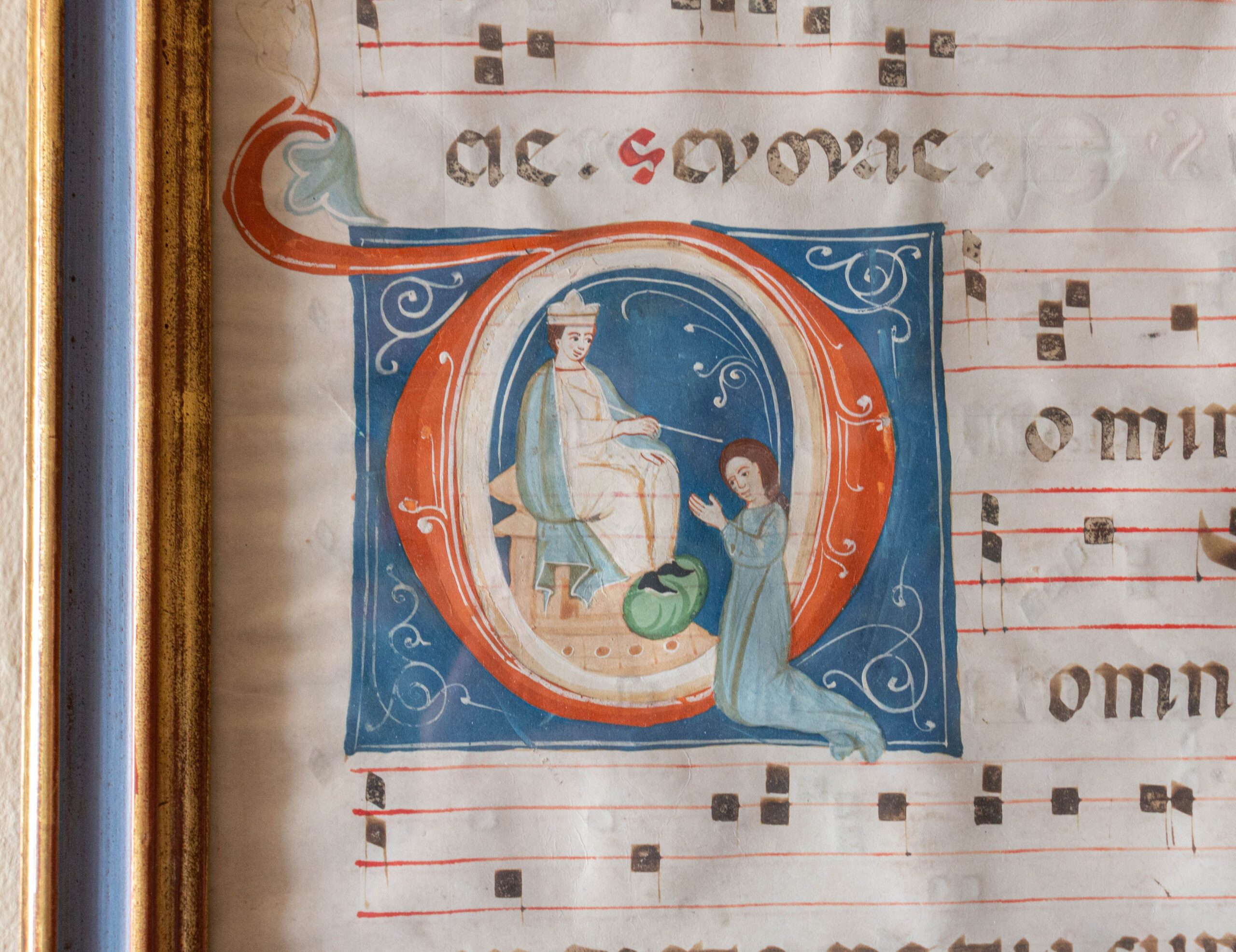 Illuminated antiphonal leaf c.1285 Queen Esther kneeling before King Ahasuerus