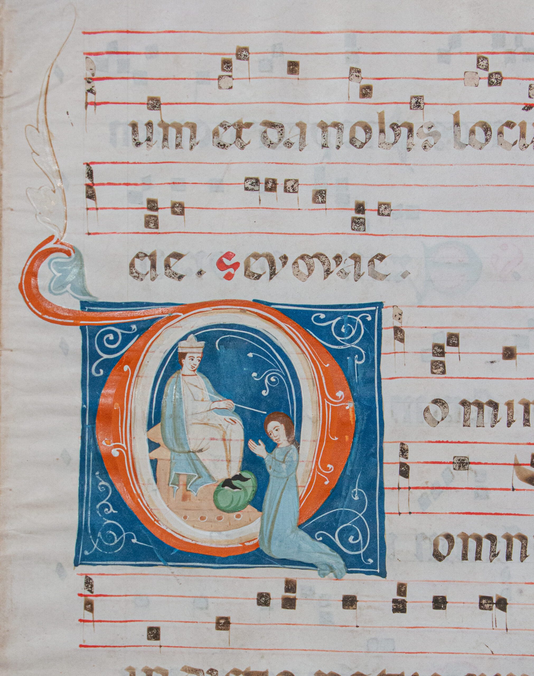 Illuminated antiphonal leaf c.1285 Queen Esther kneeling before King Ahasuerus