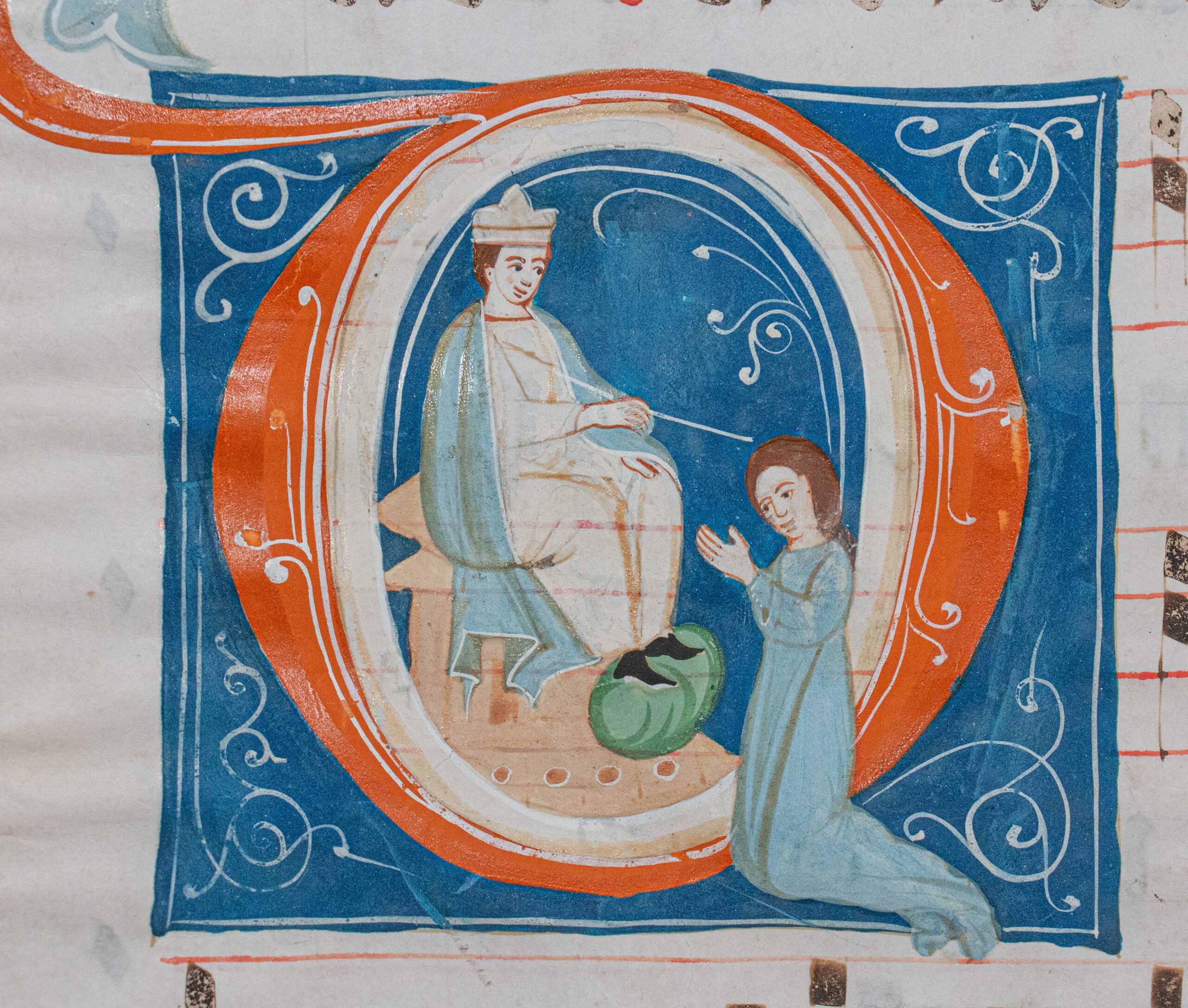 Illuminated antiphonal leaf c.1285 Queen Esther kneeling before King Ahasuerus