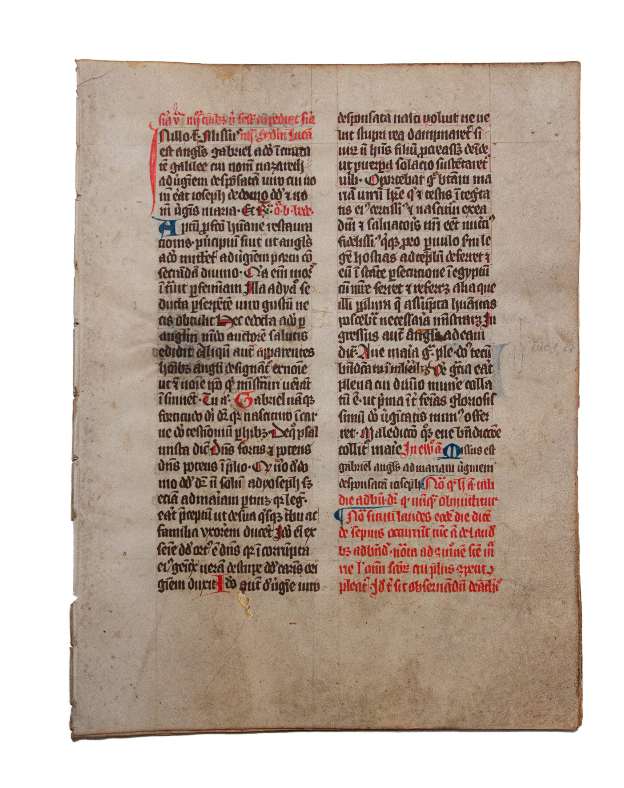 Leaves from a portable Missal with a reading by Bede (his homily for the Feast of the Annunciation of the Virgin) in Latin, manuscripts on parchment. [England or low countries 14th century].