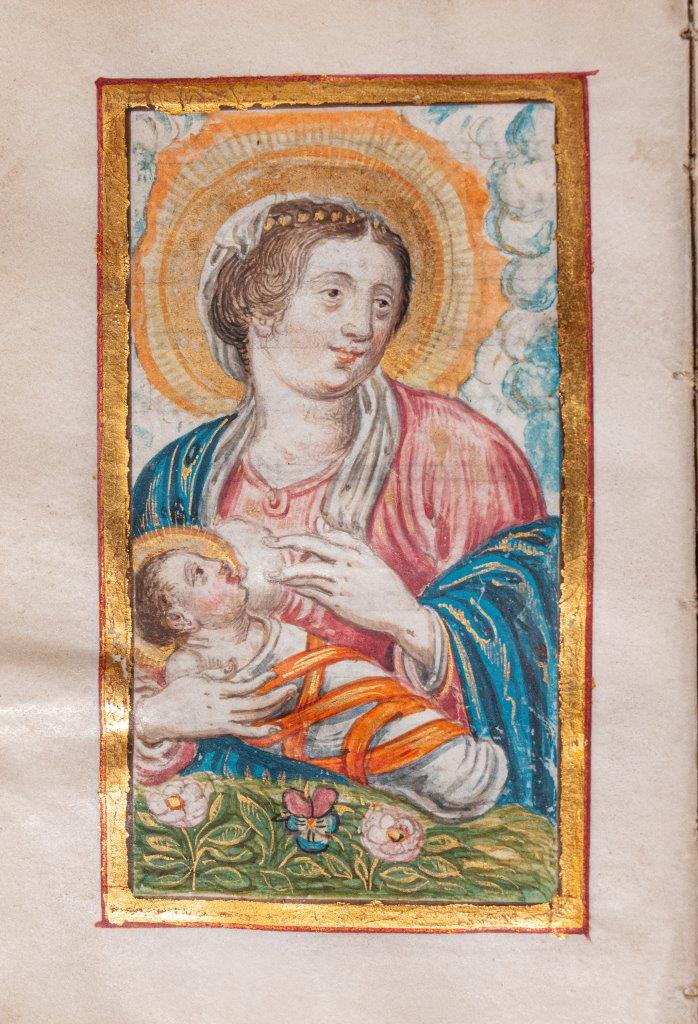 A gorgeous French devotional with charming illuminated painting of ‘Maria Lactans’. C17th A gorgeous French devotional with charming illuminated painting of ‘Maria Lactans’. C17th