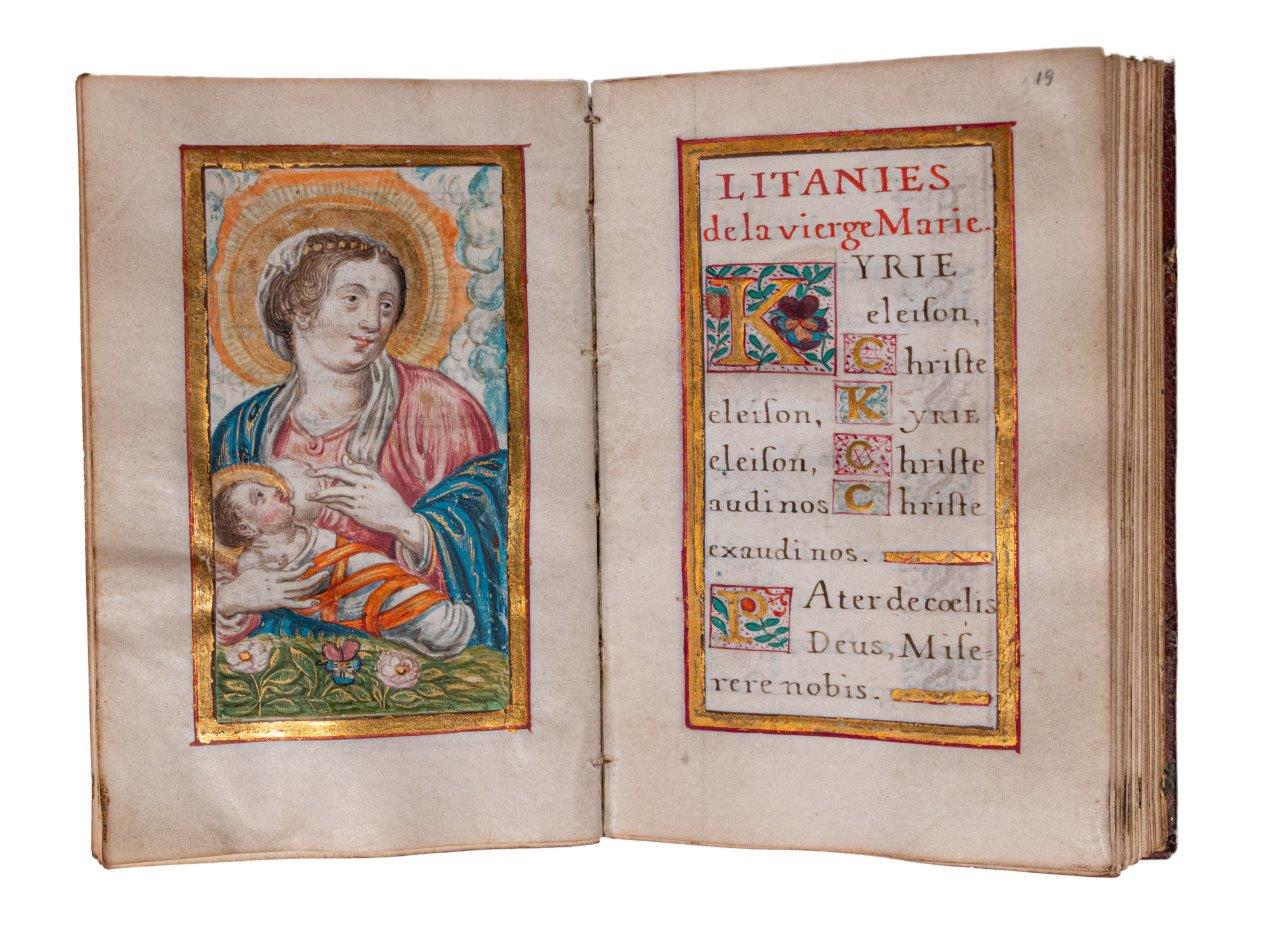 A gorgeous French devotional with charming illuminated painting of ‘Maria Lactans’. C17th A gorgeous French devotional with charming illuminated painting of ‘Maria Lactans’. C17th