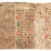 A C14th cutting from a Noted Breviary with music on a 4-line stave arranged around a red clef line