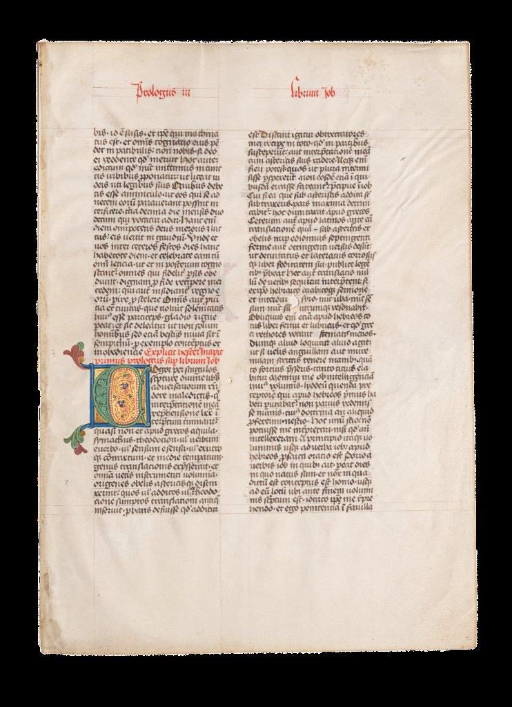 Two illuminated historiated initials on a C15th leaf – Prologue to Job [Bible]