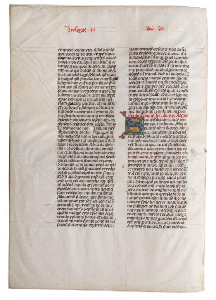 Two illuminated historiated initials on a C15th leaf – Prologue to Job [Bible]