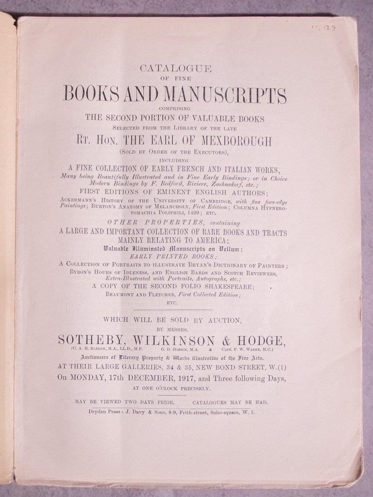Catalogue of the Books and Manuscripts from the Library of the Late Rt. Hon. The Earl of Mexborough .including an Important Collection of Americana.