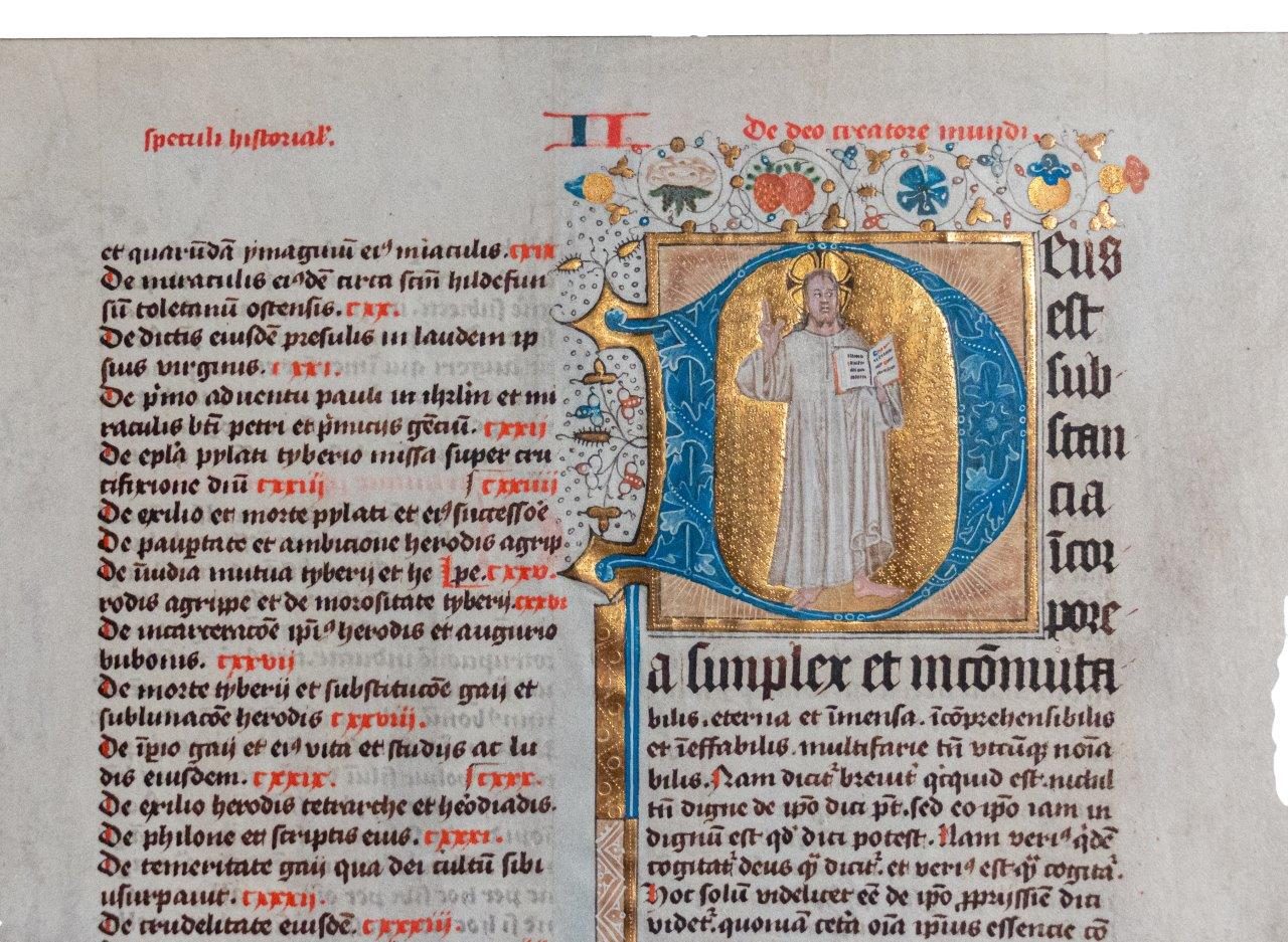 Historiated initial in gold for the opening of ‘Speculum historiale’, Vincent de Beauvais c.1430
