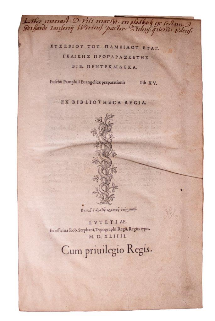 Dated panel binding of Estienne’s Eusebius Pamphili in Garamond’s ‘grecs du roi’ font. 1544 Excellent Provenance
