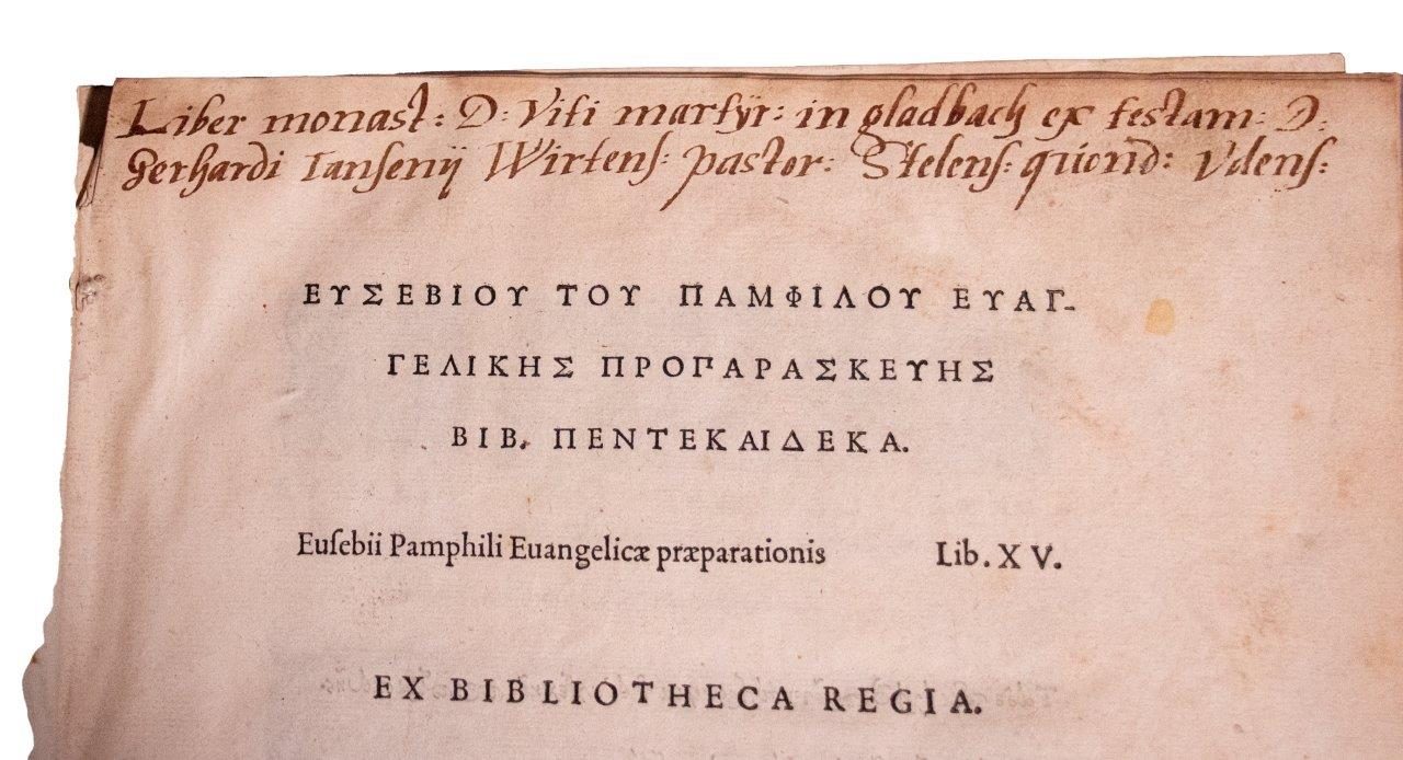 Dated panel binding of Estienne’s Eusebius Pamphili in Garamond’s ‘grecs du roi’ font. 1544 Excellent Provenance
