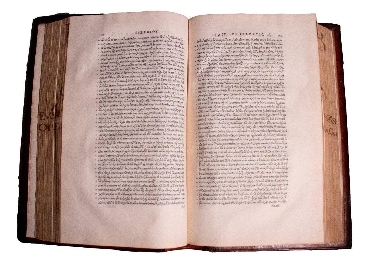 Dated panel binding of Estienne’s Eusebius Pamphili in Garamond’s ‘grecs du roi’ font. 1544 Excellent Provenance