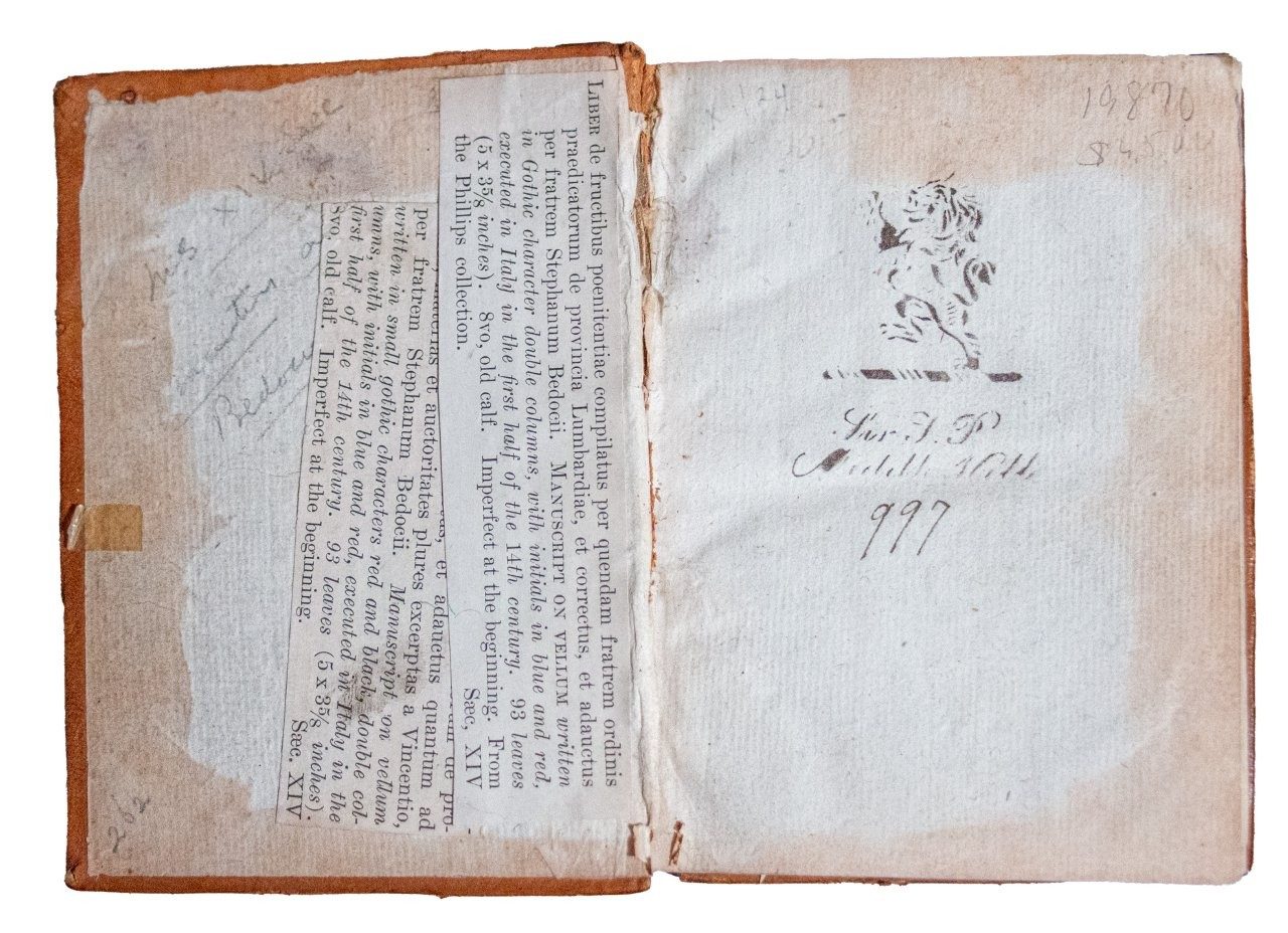 A possibly unique and unknown manuscript from the library of Sir Thomas Phillipps. Anonymous Dominican compiler, Liber de fructibus penitentiae (alias Flores de penitentia or Summa aurea) [Southern France (Provence?), 14th century (1st half)]