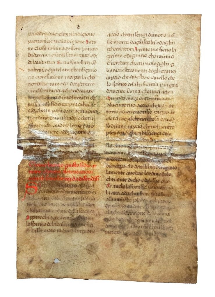 A leaf from Del dispregio del mondo, translated into Italian by Giovanni dalle Celle (1310–96) from Isaac of Nineveh’s Liber de contemptu mundi, decorated manuscript on parchment.   [Italy, 14th century]