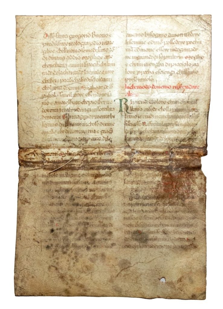 A leaf from Del dispregio del mondo, translated into Italian by Giovanni dalle Celle (1310–96) from Isaac of Nineveh’s Liber de contemptu mundi, decorated manuscript on parchment.   [Italy, 14th century]