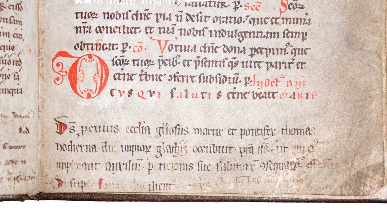 C12th Missal with coloured initial and annotation on the Anniversary of the Martyrdom of Tomas Beckett. Before 1173