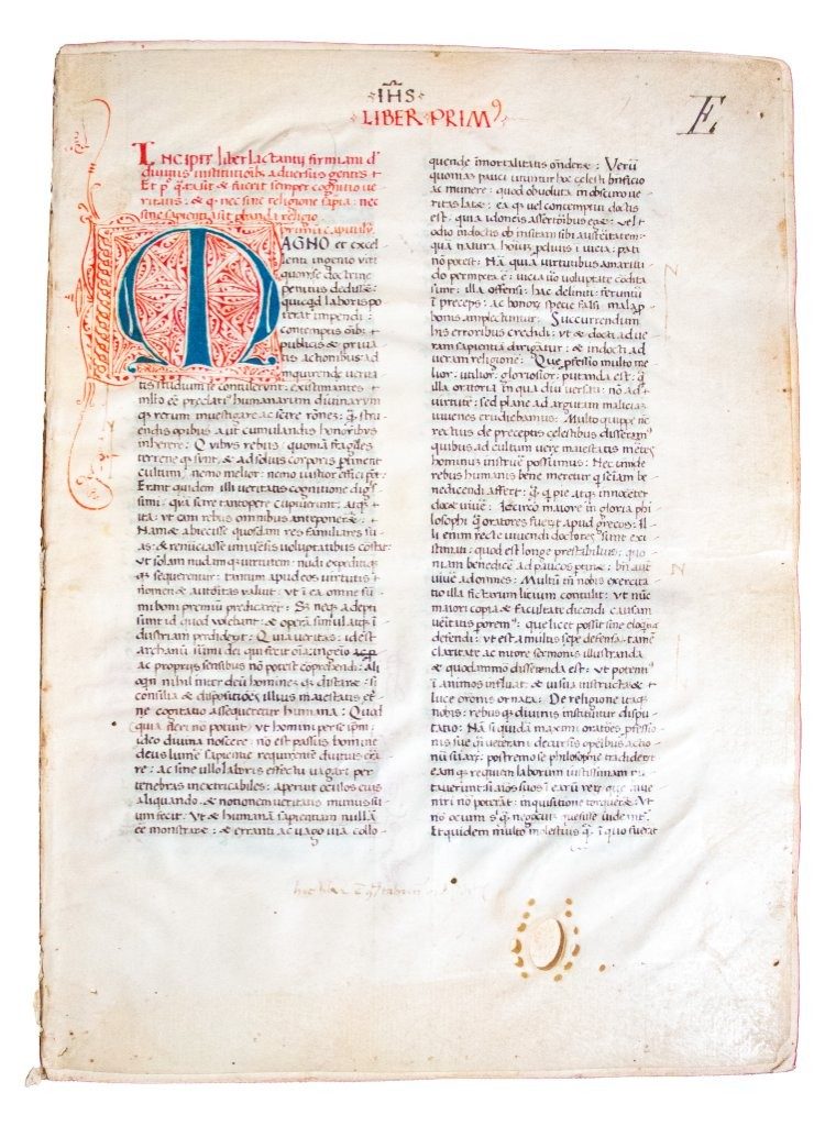 Lactantius; a precisely dated manuscript copy almost certainly derived from the 1465 editio princeps, preserving rare evidence for the transition from manuscript to print