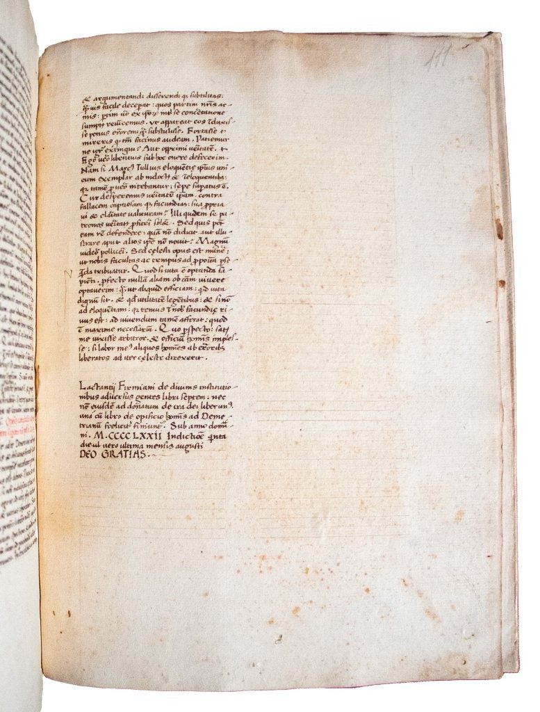 Lactantius; a precisely dated manuscript copy almost certainly derived from the 1465 editio princeps, preserving rare evidence for the transition from manuscript to print