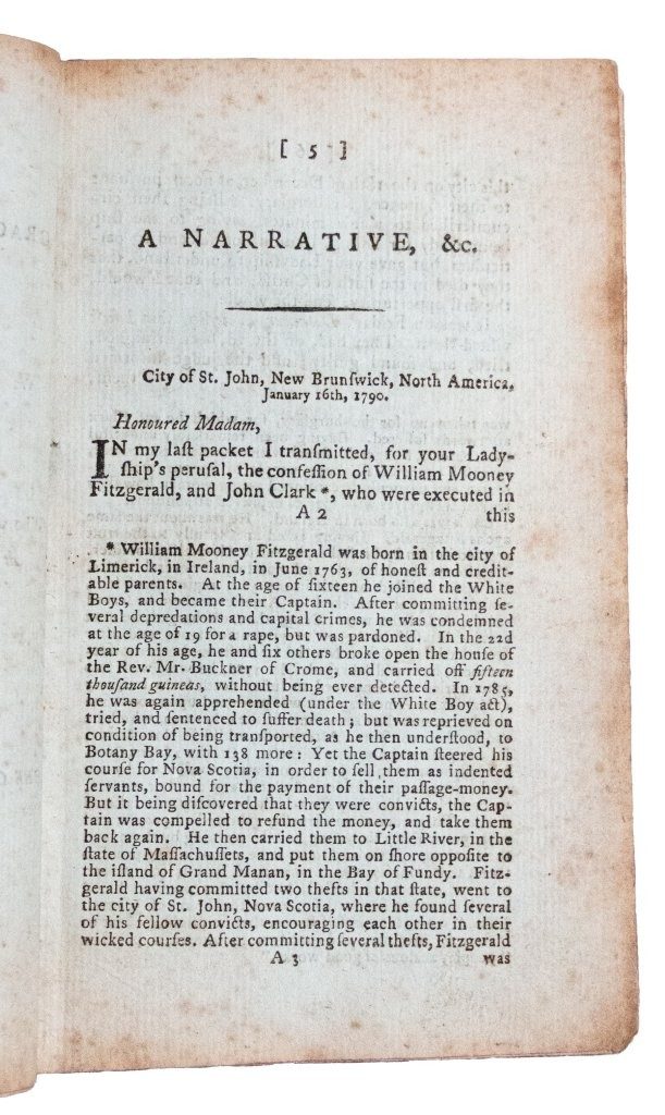 Narrative of the gracious dealing of God in the conversion of W. Mooney Fitzgerald and John Clark, two malefactors, who were executed on Friday Dec. 18, 1789