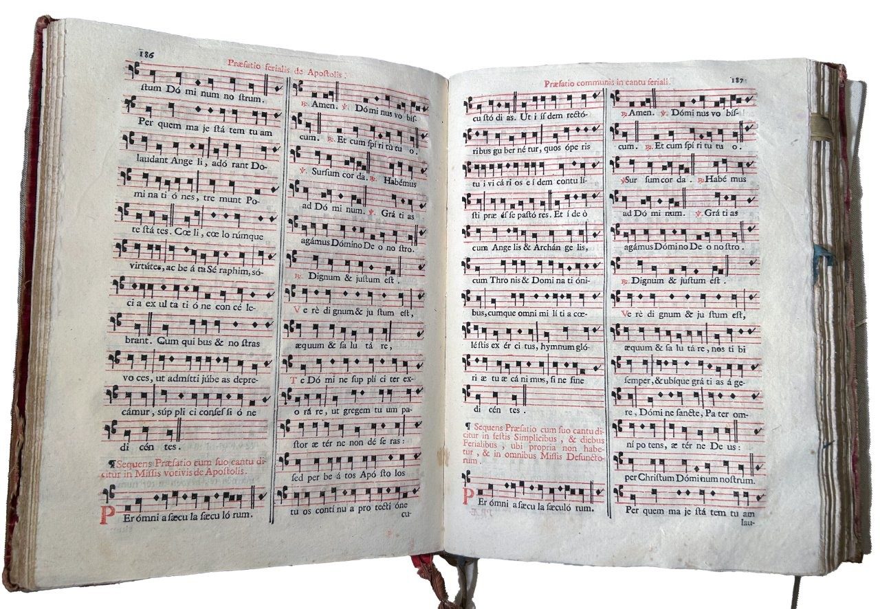 A beautifully bound Benedictine liturgical Missal printed in Venice, 1723 with an original embroidered red velvet ecclesiastical binding with silver thread.