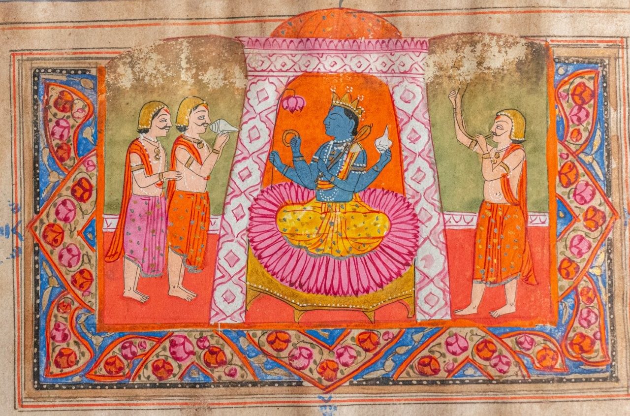 Beautiful book with 5 Vibrant Miniatures Depicting Scenes from the Stories of Vishnu and Krishna