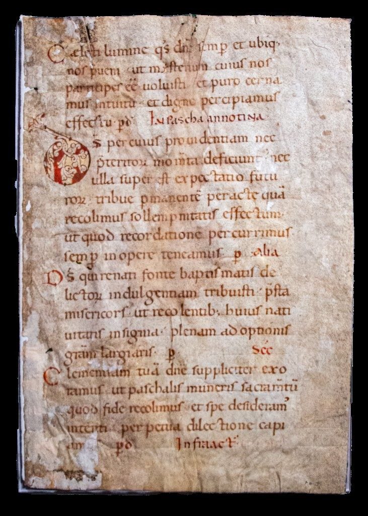 C12th leaf with decorated initial, Germany with Paschal readings