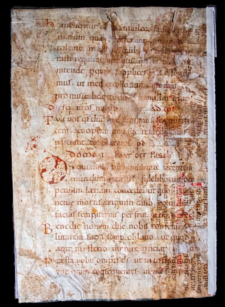 C12th leaf with decorated initial, Germany with Paschal readings