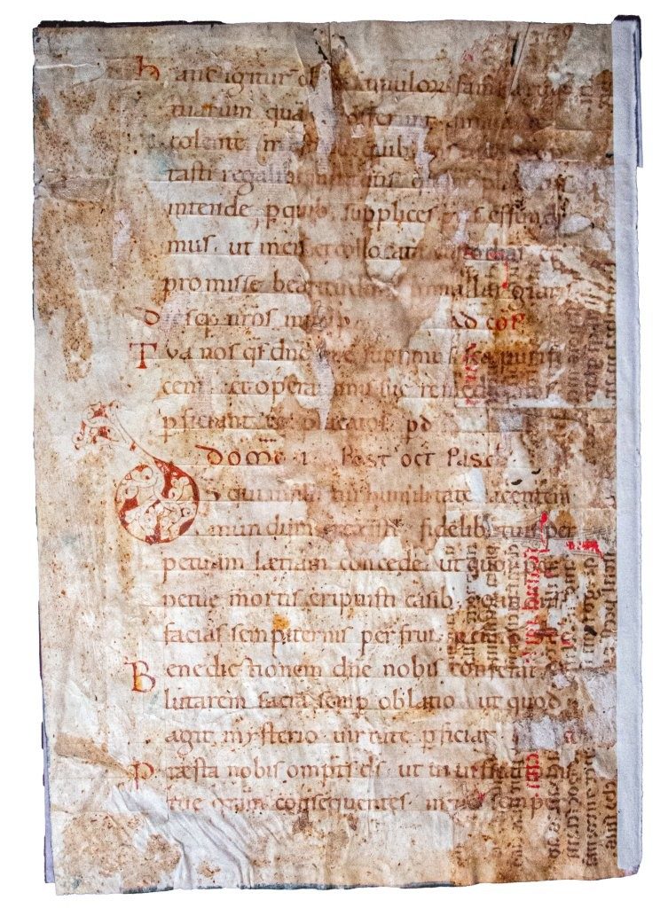 C12th leaf with decorated initial, Germany with Paschal readings