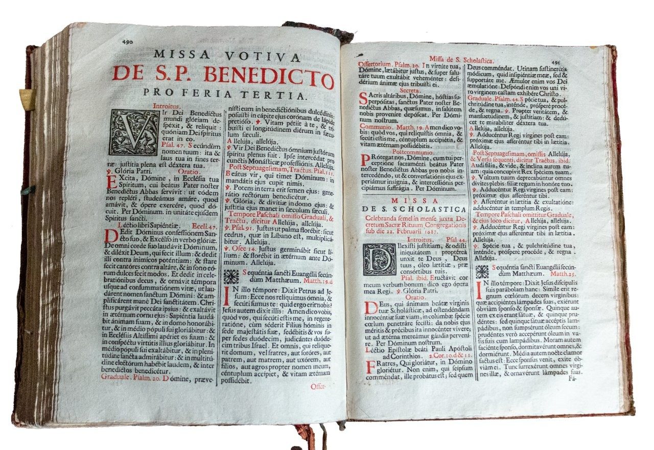 A beautifully bound Benedictine liturgical Missal printed in Venice, 1723 with an original embroidered red velvet ecclesiastical binding with silver thread.