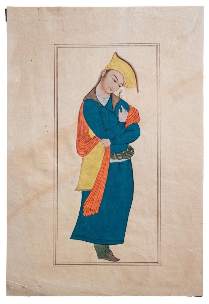 Portrait of a Youth Holding a Flower; Iran, late Safavid to early Zand period, circa 1700–1770 Ink, opaque watercolour, and gold on paper, laid down on album page