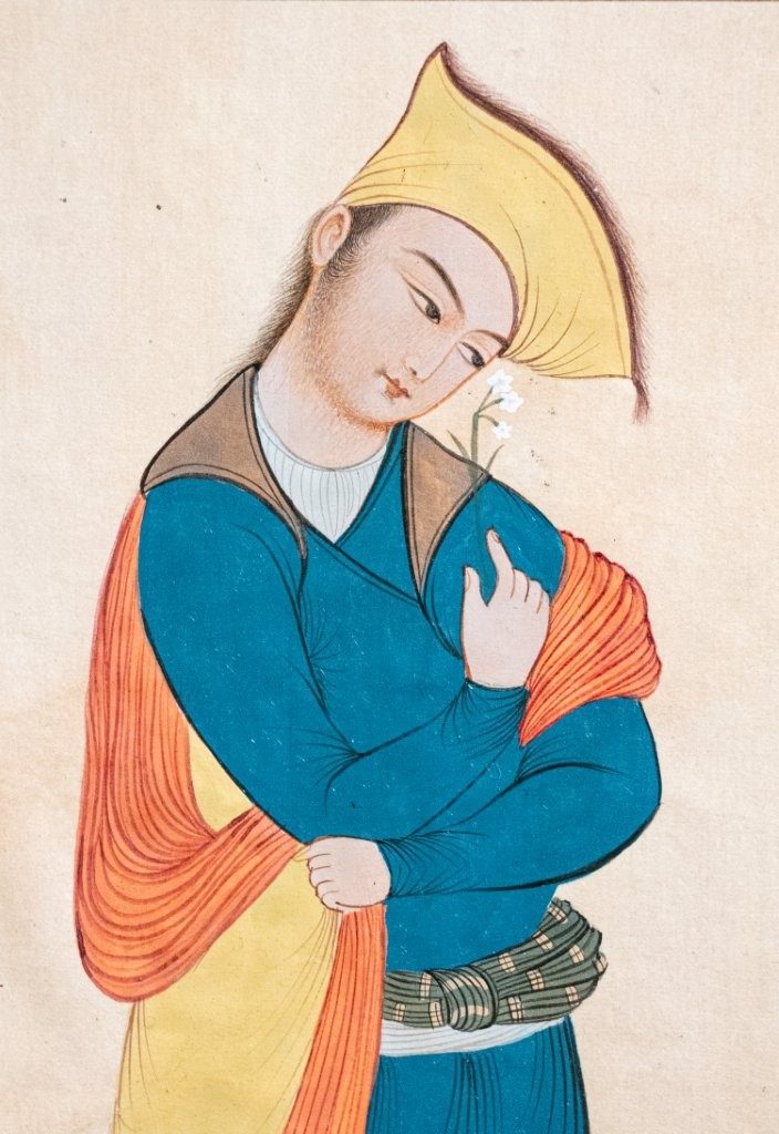 Portrait of a Youth Holding a Flower; Iran, late Safavid to early Zand period, circa 1700–1770 Ink, opaque watercolour, and gold on paper, laid down on album page