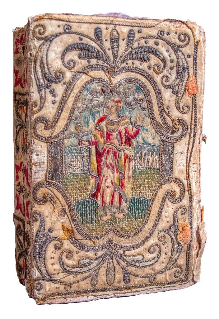 A superb example of early English embroidery on a 1628 Bible with two figures ‘Faith’ and ‘Hope’ possibly from the Court of King Charles 1st