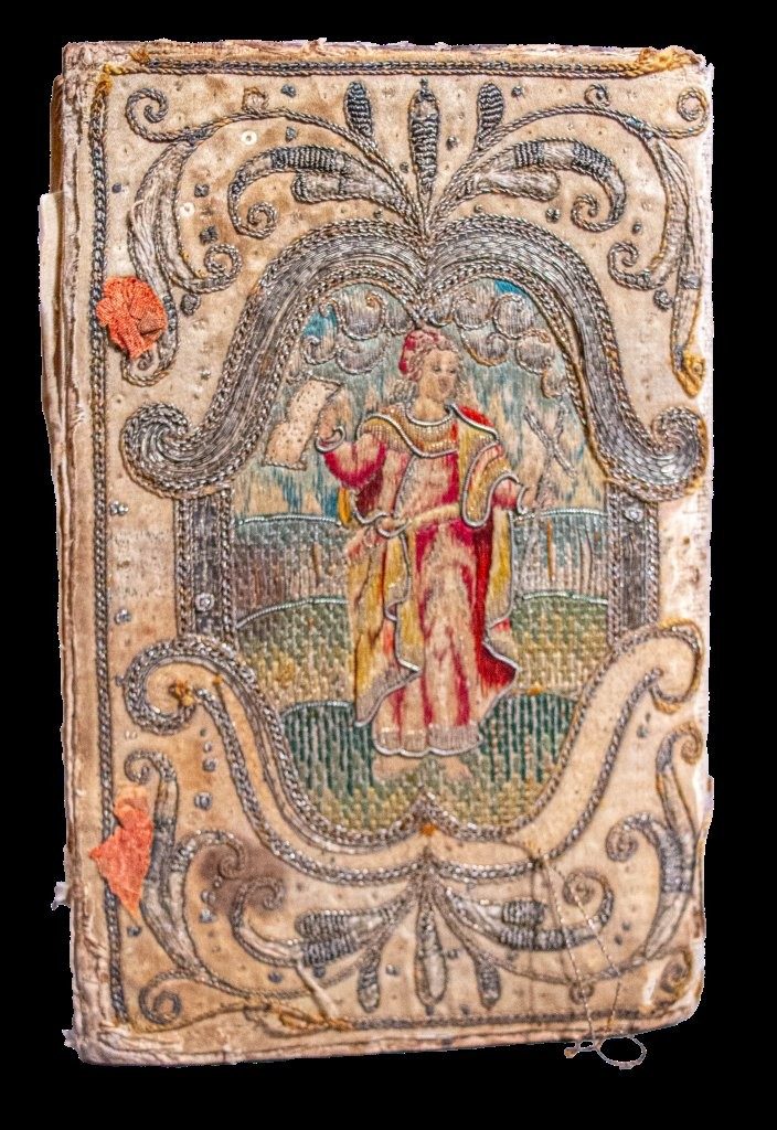 A superb example of early English embroidery on a 1628 Bible with two figures ‘Faith’ and ‘Hope’ possibly from the Court of King Charles 1st