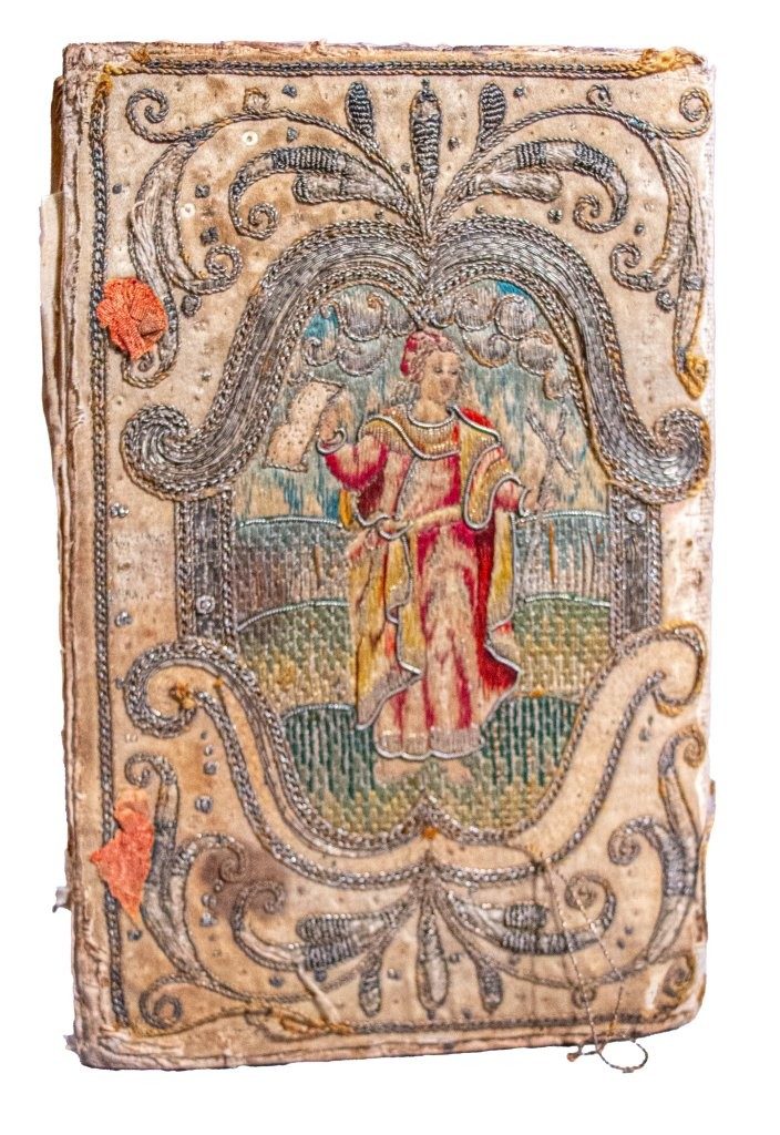 A superb example of early English embroidery on a 1628 Bible with two figures ‘Faith’ and ‘Hope’ possibly from the Court of King Charles 1st