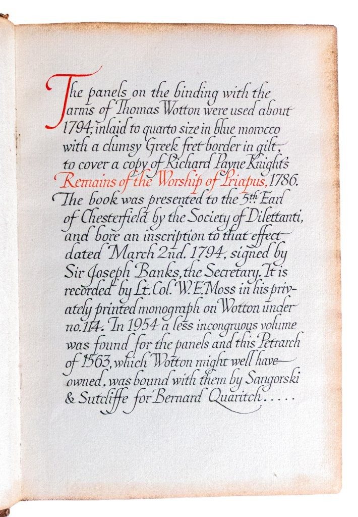 A Thomas Wotton binding on a C16th copy of Petrarch and rebound by Sangorski for Bernard Quaritch