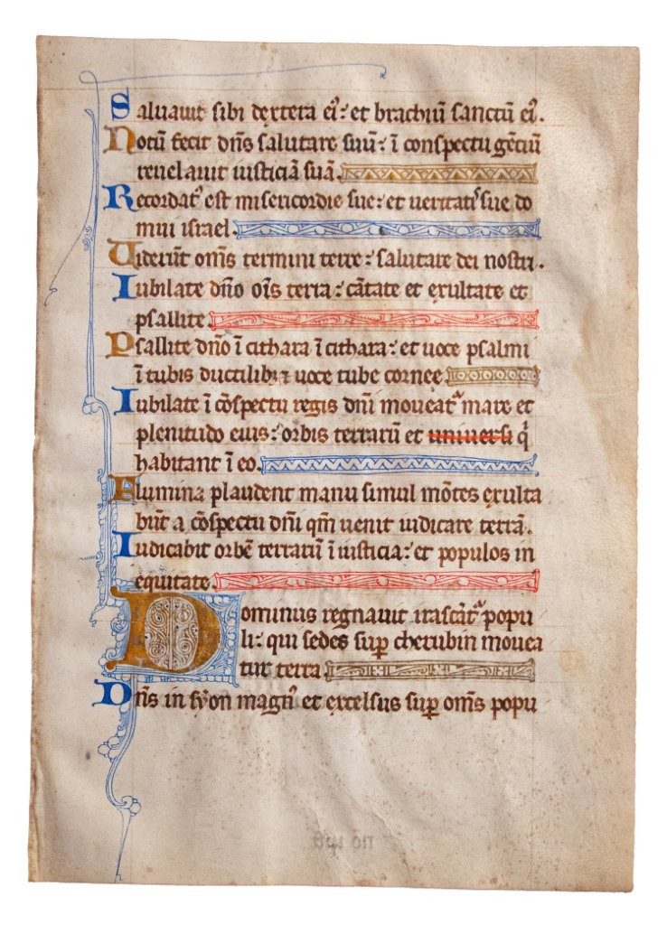 Leaf from a lavish English Psalter, once claimed by Bruce Ferrini to have been “from the court of Philip Augustus”, in Latin c.1260