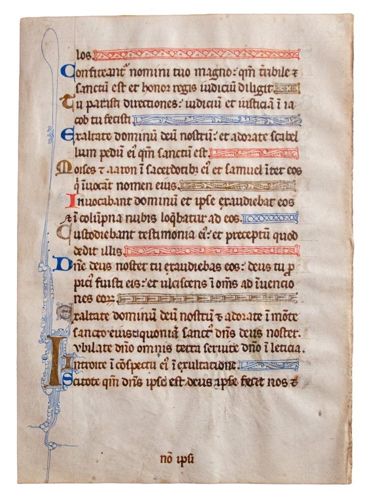 Leaf from a lavish English Psalter, once claimed by Bruce Ferrini to have been “from the court of Philip Augustus”, in Latin c.1260