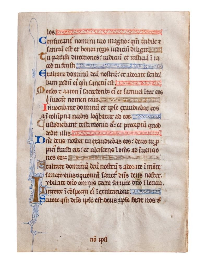 Leaf from a lavish English Psalter, once claimed by Bruce Ferrini to have been “from the court of Philip Augustus”, in Latin c.1260
